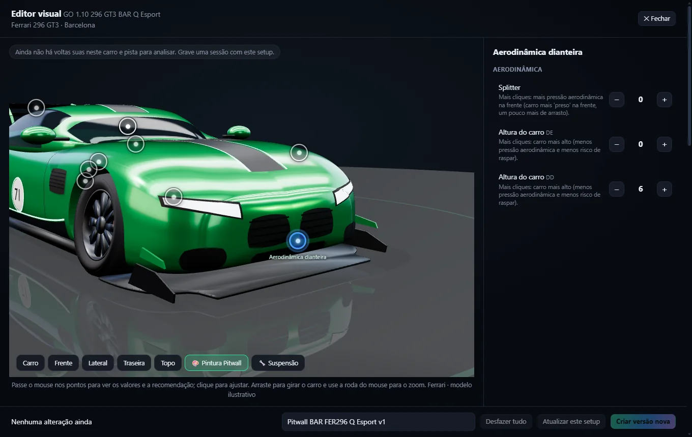 Editor visual 3D de setup do Pitwall: carro em 3D com pontos clicáveis nas rodas, eixos, asa e splitter