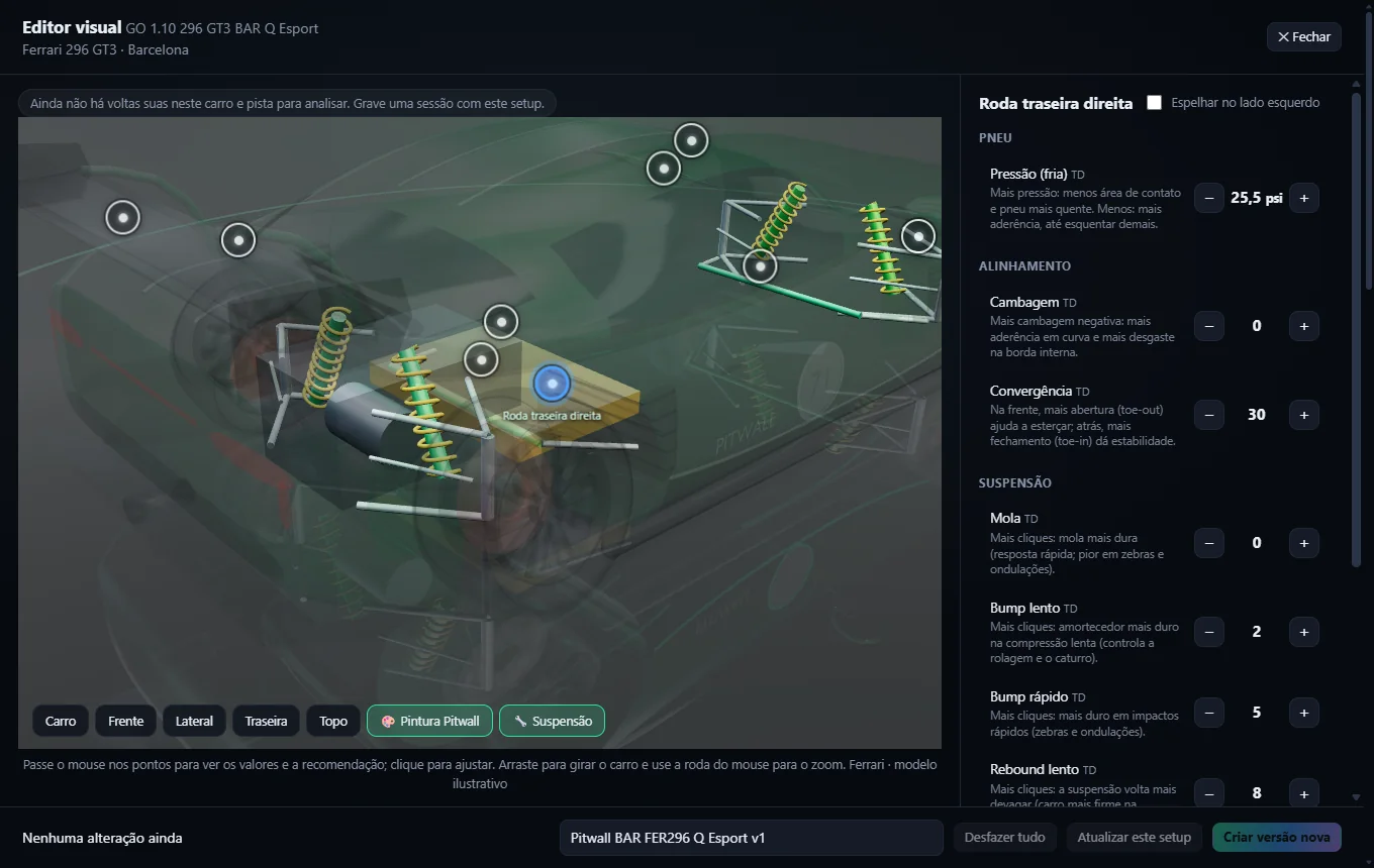Editor visual 3D do Pitwall com a suspensão em raio-x e os ajustes da roda (pressão, cambagem, convergência, mola e amortecedores)
