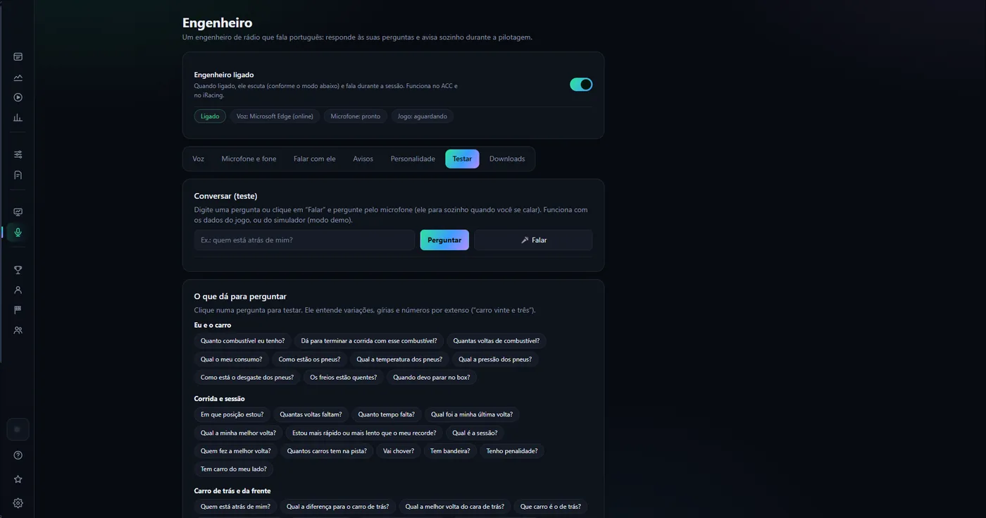 Teste do engenheiro de corrida do Pitwall: pergunte por texto ou voz e veja exemplos de perguntas sobre combustível, pneus, posição e tempo